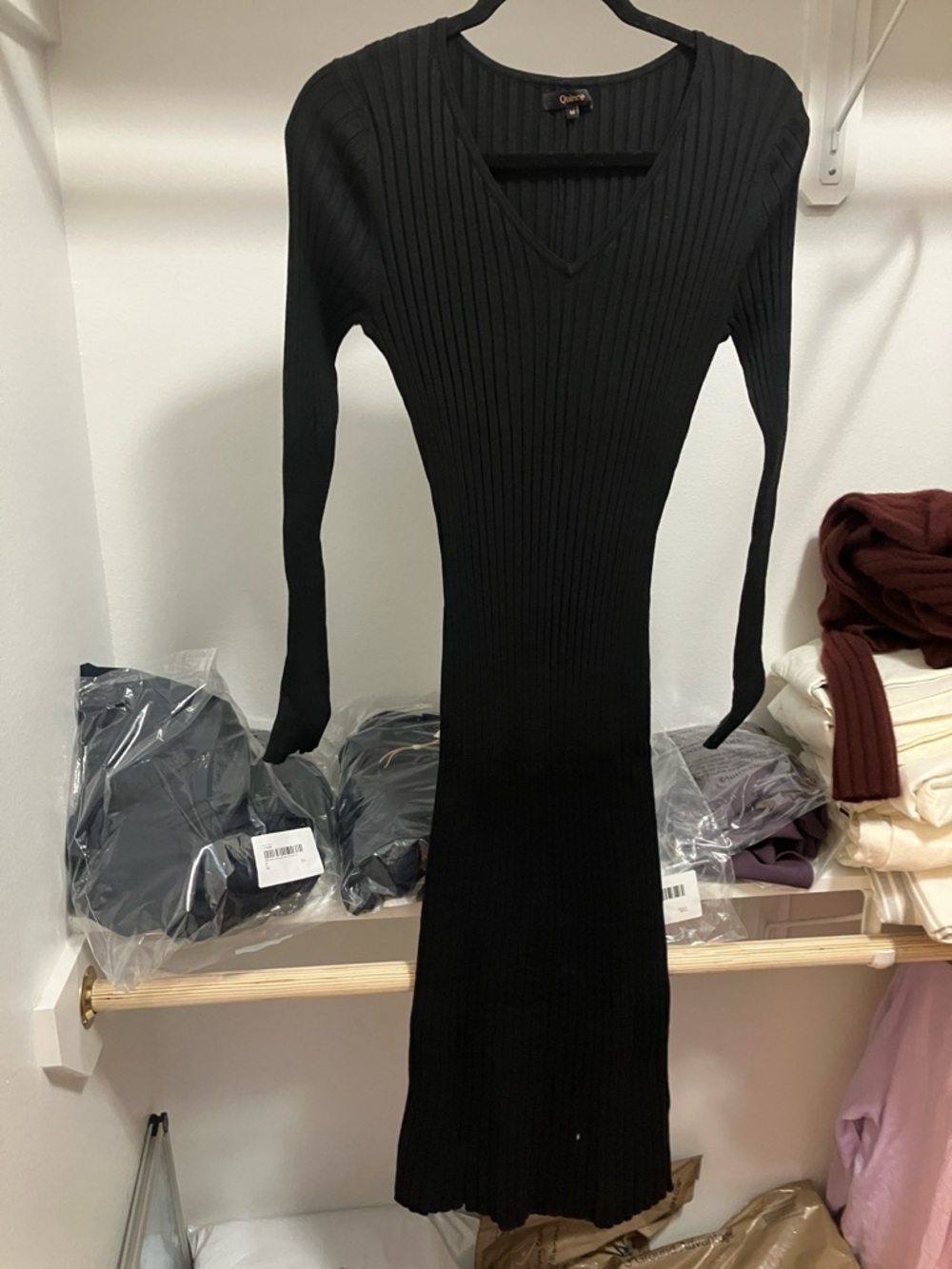 Quince Cotton Cashmere Black Ribbed V-Neck Knit Dress Medium